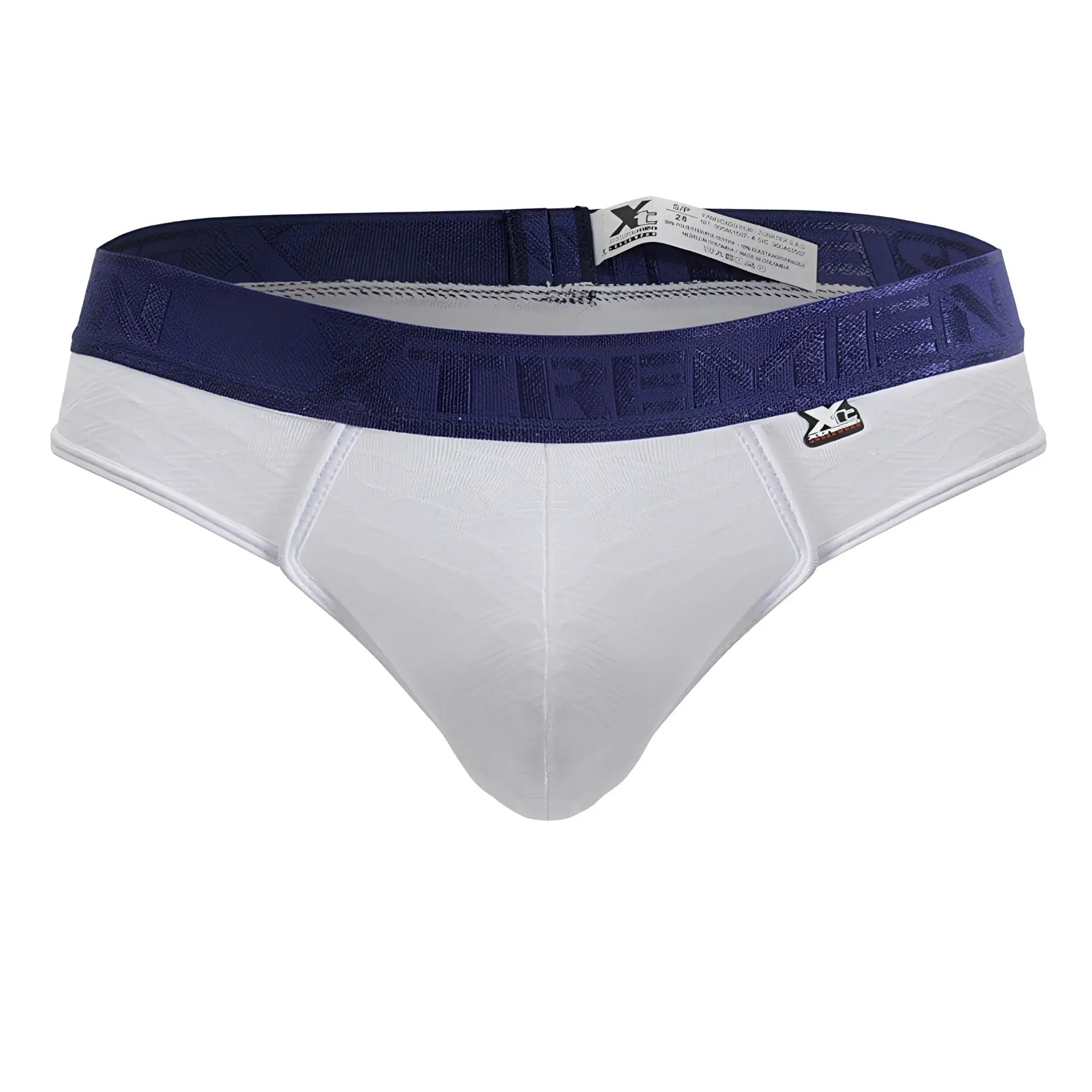 White and navy blue mens microfiber briefs with textured xtreme logo waistband front view in xtremen 91241 model