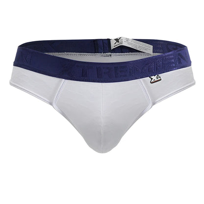 White and navy blue mens microfiber briefs with textured xtreme logo waistband front view in xtremen 91241 model