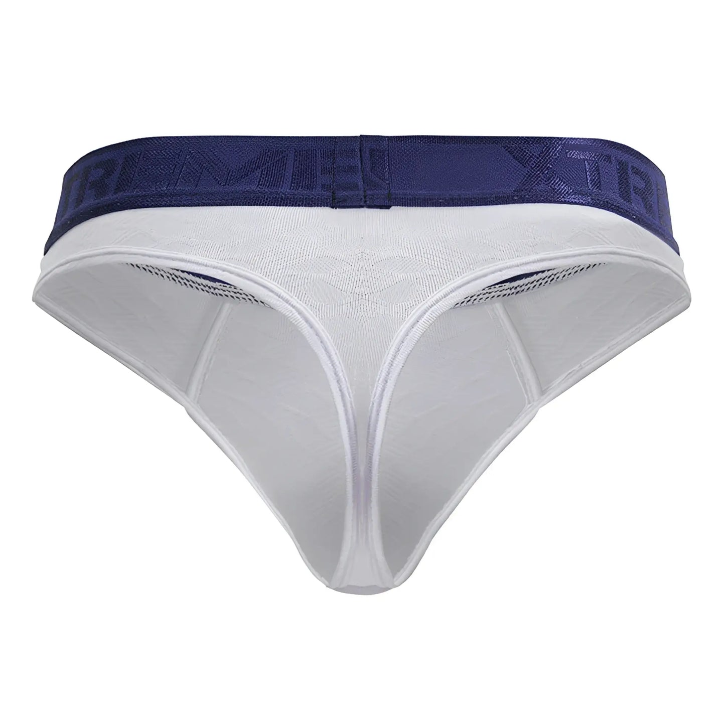 White microfiber thong with navy blue supreme elastic waistband shown from the back xtremen 91241 model