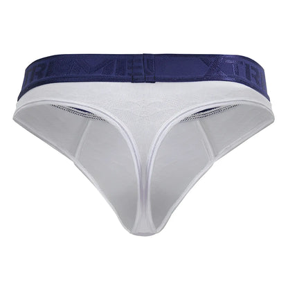 White microfiber thong with navy blue supreme elastic waistband shown from the back xtremen 91241 model