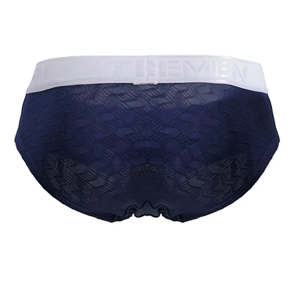 Dark blue microfiber men’s briefs with textured fabric and white elastic waistband featuring x-treme men logo