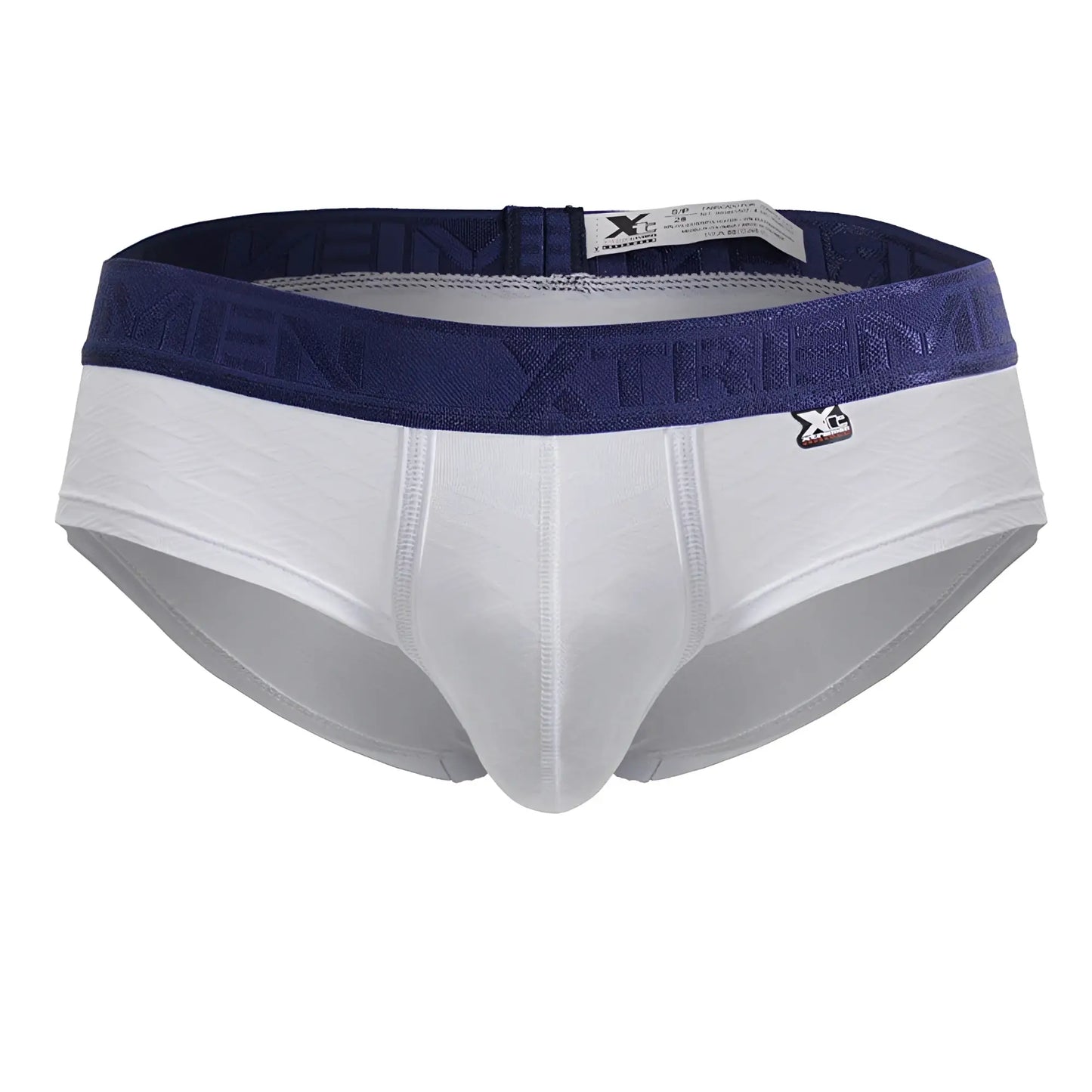 White xtremen 91242 microfiber briefs with navy blue xtreme waistband and small branded front tag