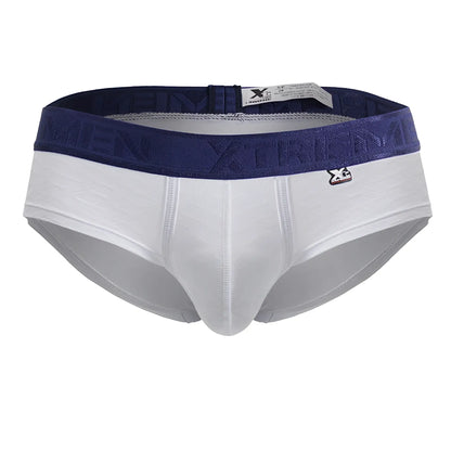 White xtremen 91242 microfiber briefs with navy blue xtreme waistband and small branded front tag