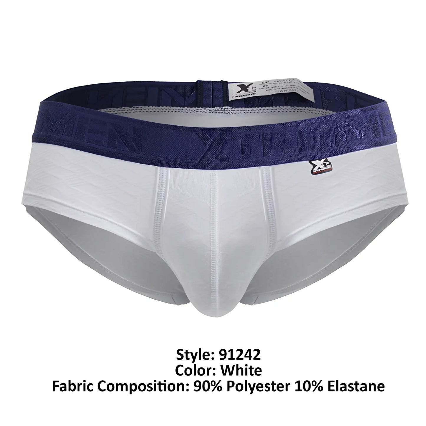 White xtremen 91242 microfiber briefs with navy blue waistband, raised xtreme logo, and small branded side tag
