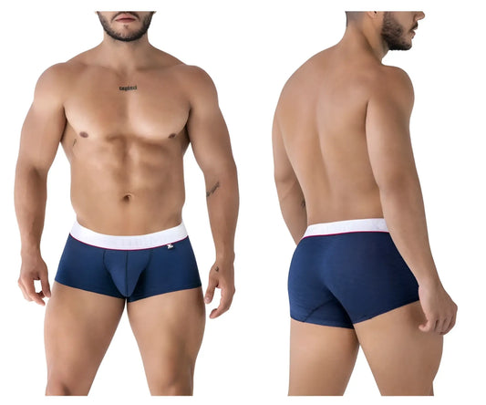 Navy blue Xtremen 91243 microfiber trunks with white waistband, red trim, and small front logo for comfortable wear