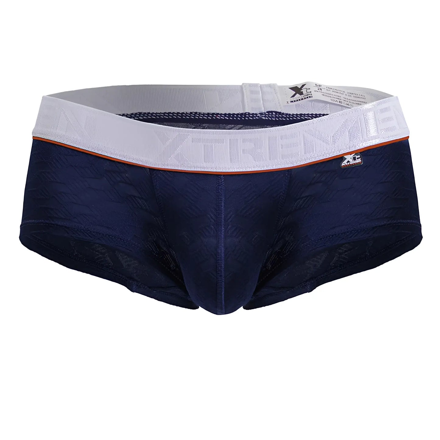 Navy blue lace trimmed xtremen 91243 microfiber trunks with white elastic waistband and orange accent stripe