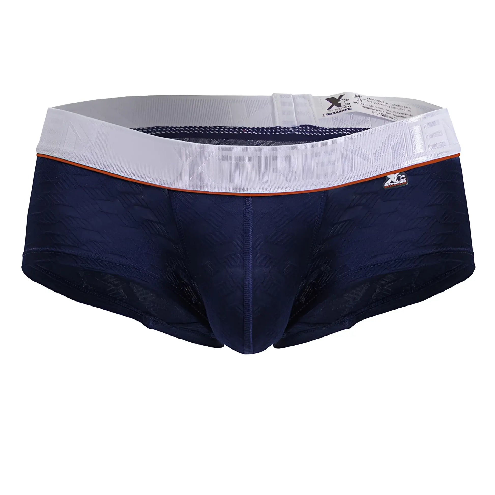 Navy blue lace trimmed xtremen 91243 microfiber trunks with white elastic waistband and orange accent stripe