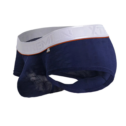 Navy blue xtremen 91243 microfiber trunks with lace trim and white elastic waistband with orange branding trim