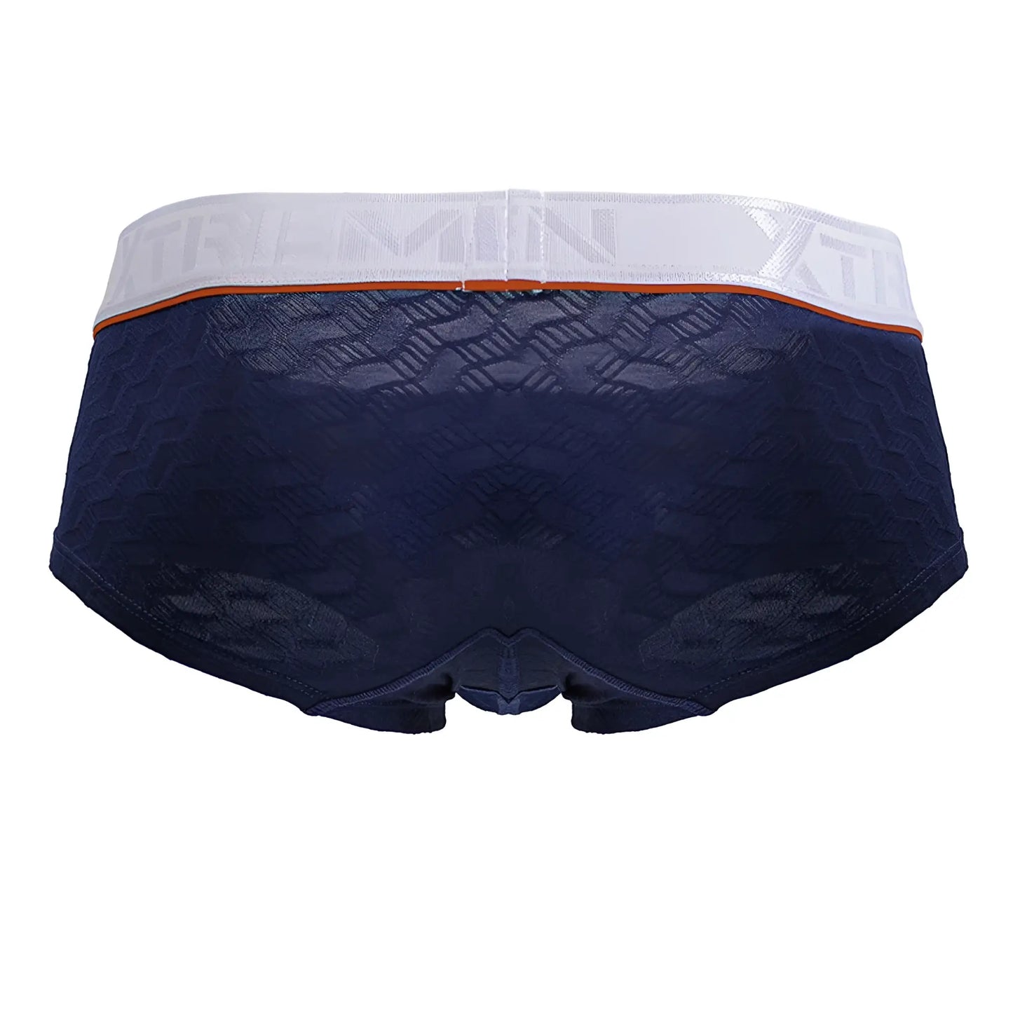 Navy blue Xtremen 91243 microfiber trunks with lace trim and white waistband featuring orange accent stripe and embossed branding