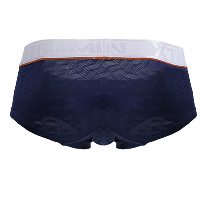 Navy blue Xtremen 91243 microfiber trunks with lace trim and white waistband featuring orange accent stripe and embossed branding