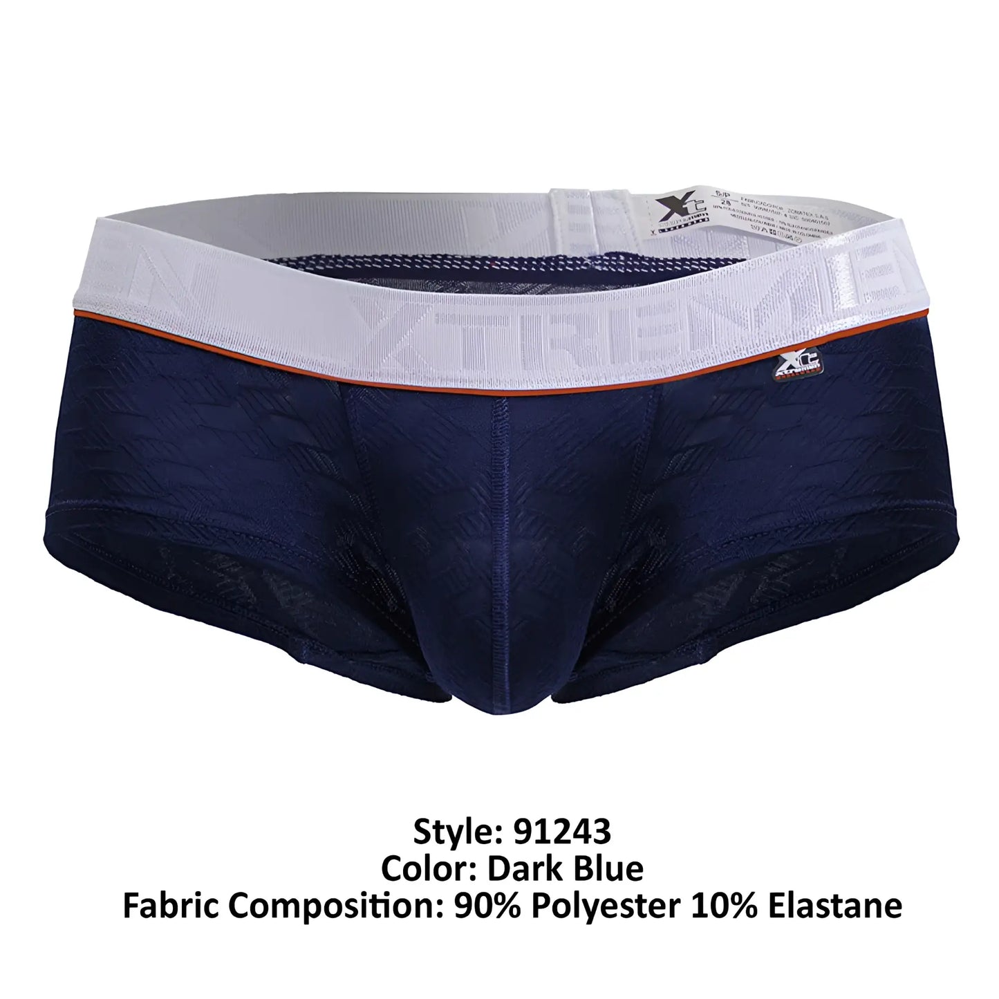 Dark blue xtremen 91243 microfiber men’s briefs with white elastic waistband and orange trim front view