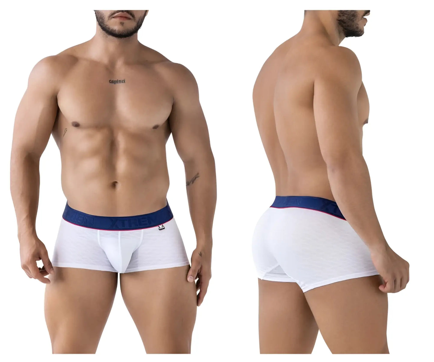 White xtremen 91243 microfiber boxer briefs with navy blue waistband red trim and freedom brand name in white letters
