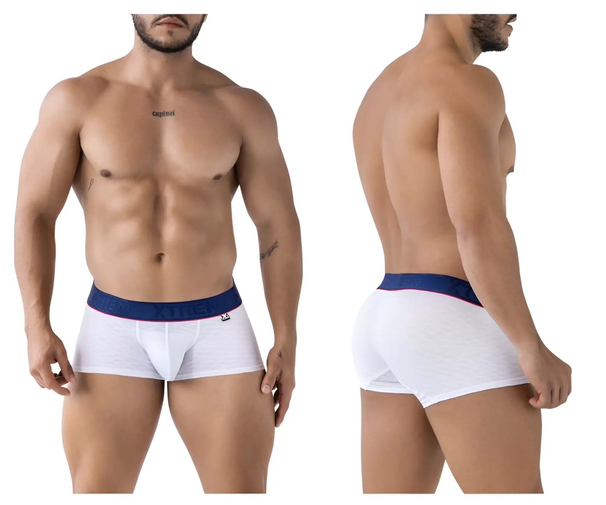 White xtremen 91243 microfiber boxer briefs with navy blue waistband red trim and freedom brand name in white letters
