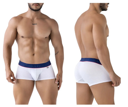 White xtremen 91243 microfiber boxer briefs with navy blue waistband red trim and freedom brand name in white letters