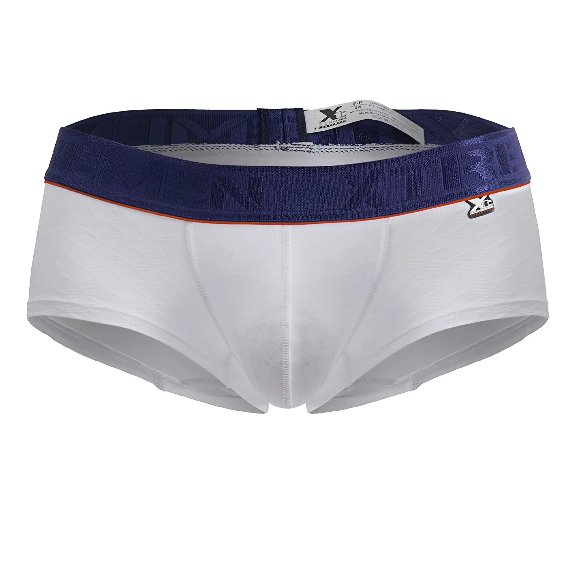 White xtremen 91243 microfiber trunks with navy blue embossed waistband and orange trim briefs for men