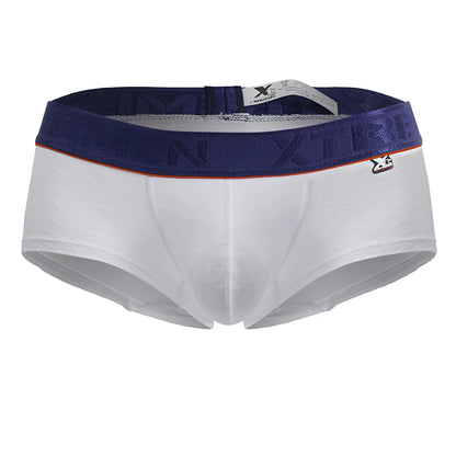 White xtremen 91243 microfiber trunks with navy blue embossed waistband and orange trim briefs for men