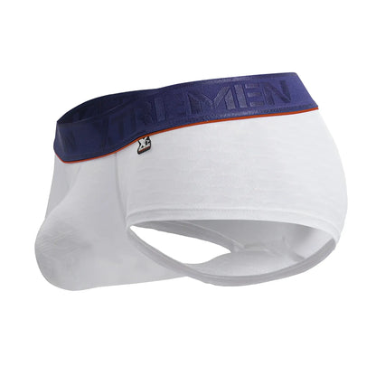 White xtremen 91243 microfiber trunks with navy blue elastic waistband and orange trim for men’s briefs