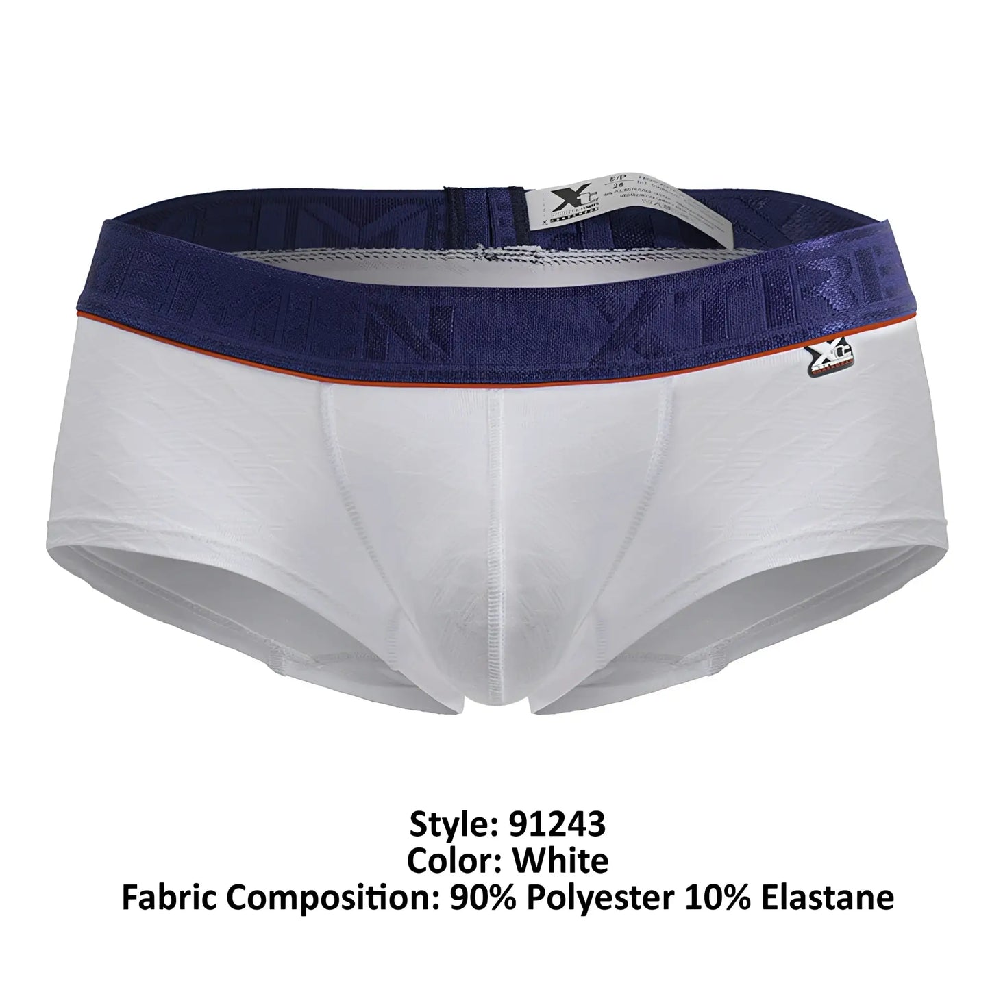White xtremen 91243 microfiber trunks with navy blue embossed waistband and orange trim in men’s briefs style