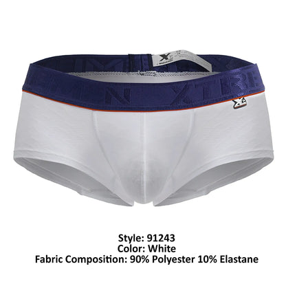 White xtremen 91243 microfiber trunks with navy blue embossed waistband and orange trim in men’s briefs style