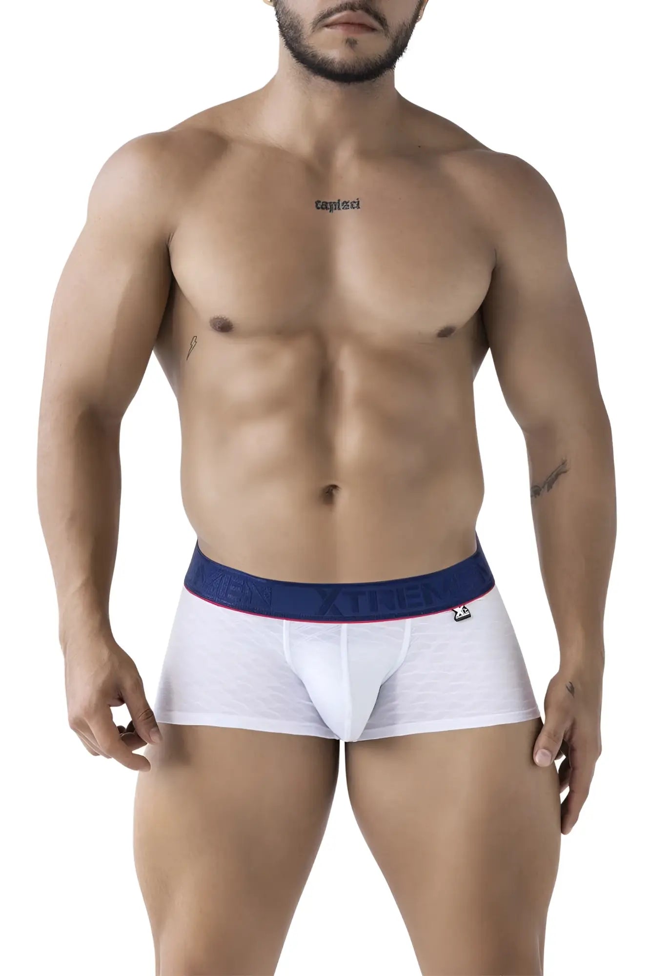 White xtremen 91243 microfiber trunks with navy blue waistband and logo on lower right leg for men