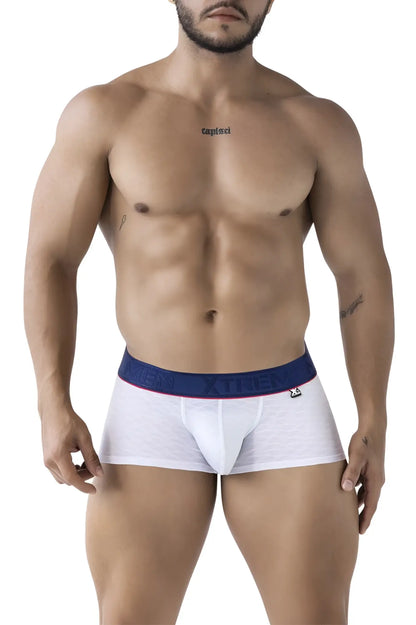 White xtremen 91243 microfiber trunks with navy blue waistband and logo on lower right leg for men
