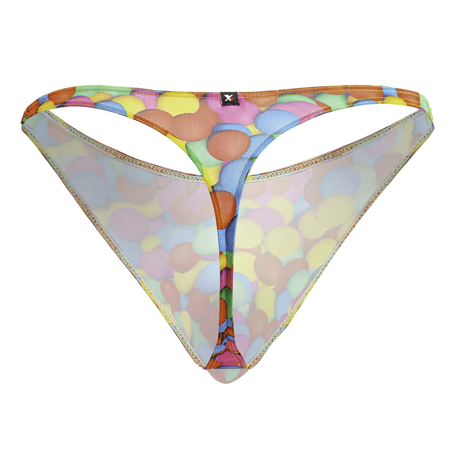 Colorful balloon-patterned mesh thong with gold trim and a small black logo tag from xtremen 91247 printed thongs color bubbles