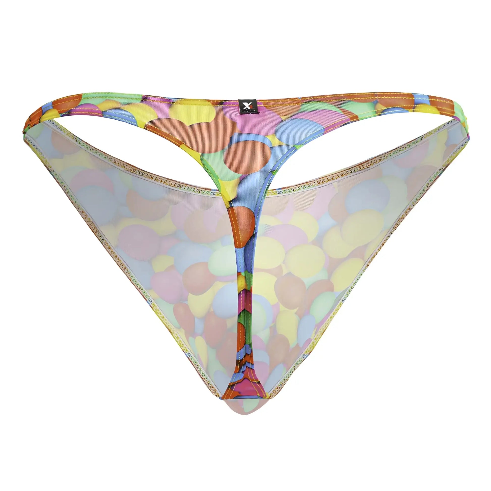 Colorful balloon-patterned mesh thong with gold trim and a small black logo tag from xtremen 91247 printed thongs color bubbles