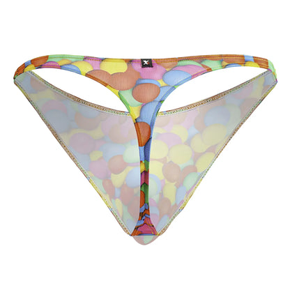 Colorful balloon-patterned mesh thong with gold trim and a small black logo tag from xtremen 91247 printed thongs color bubbles