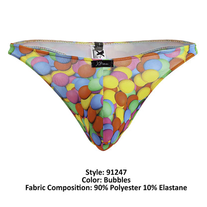 Xtremen 91247 printed thong with colorful bubble pattern on stretchy polyester and elastane fabric front view