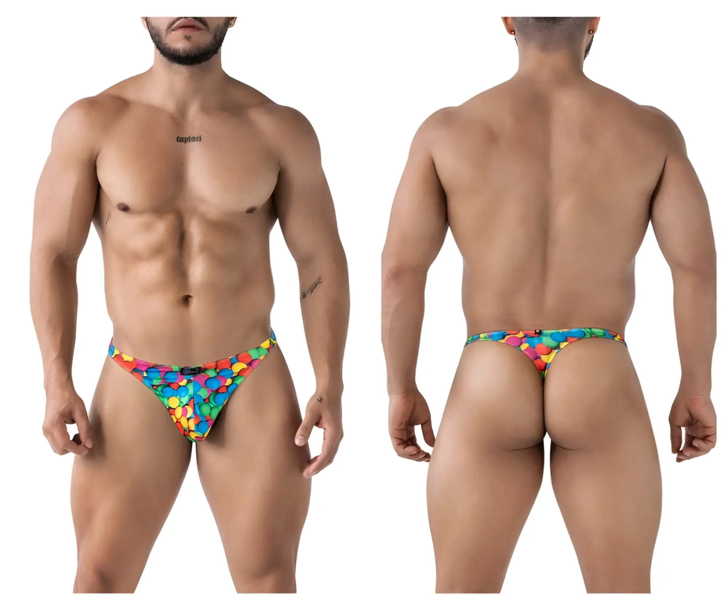 Vibrant rainbow-colored candy-themed Xtremen 91247 printed thong with playful multicolored pattern shown from the back