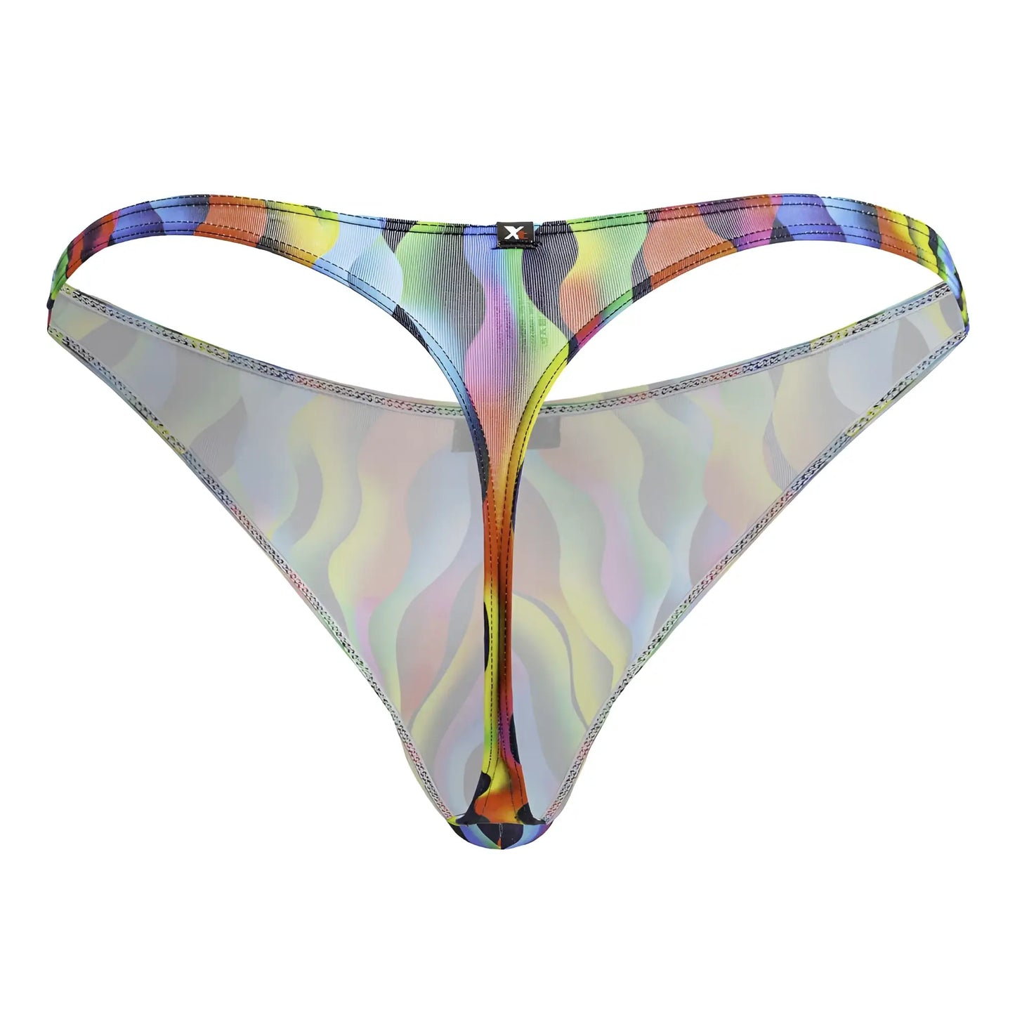 Rainbow holographic patterned thong with iridescent wave design and black logo on waistband from Xtremen 91247 Color Waves