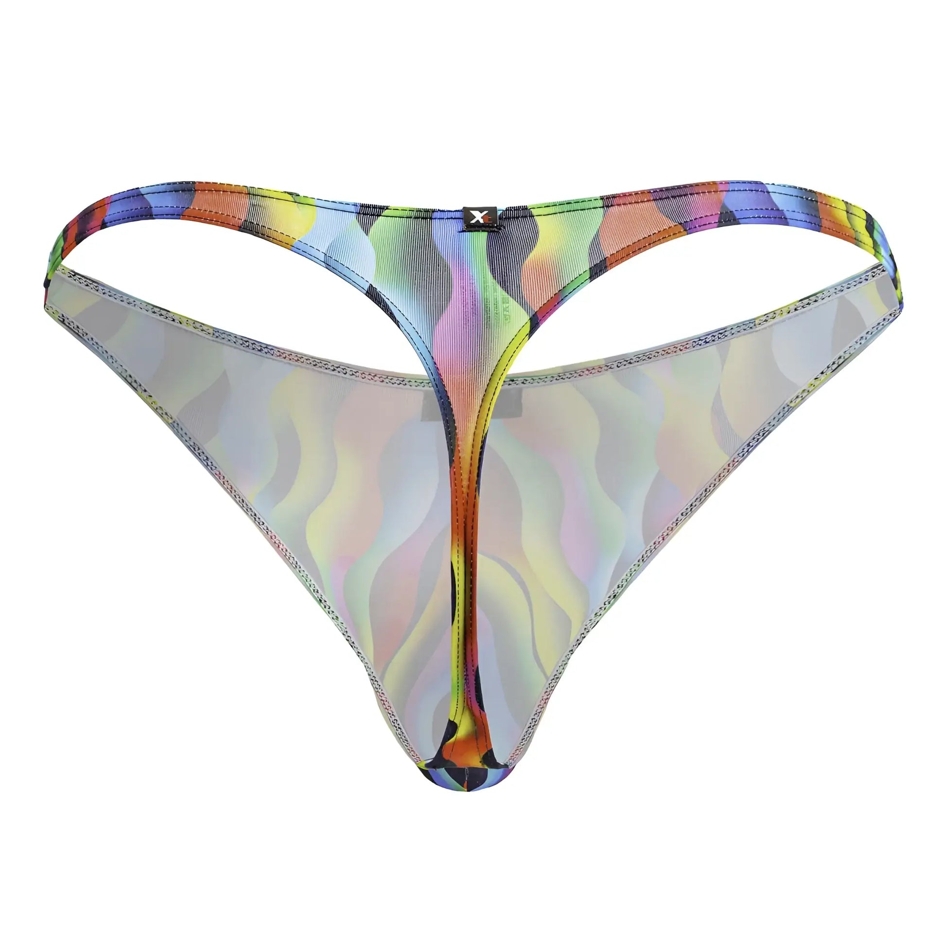 Rainbow holographic patterned thong with iridescent wave design and black logo on waistband from Xtremen 91247 Color Waves