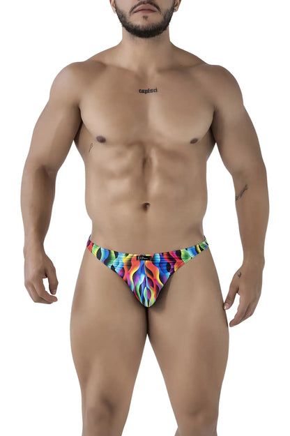 Xtremen 91247 printed thongs color waves men’s briefs with vibrant rainbow flame pattern in stretchy form-fitting fabric