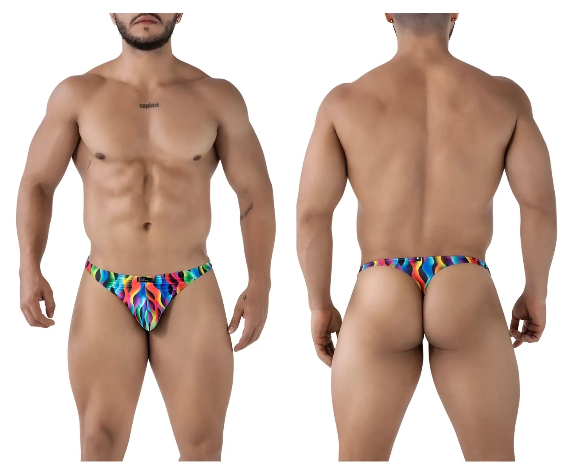 Xtremen 91247 printed thongs color waves vibrant rainbow flame patterned men’s thong in stretchy fabric back side