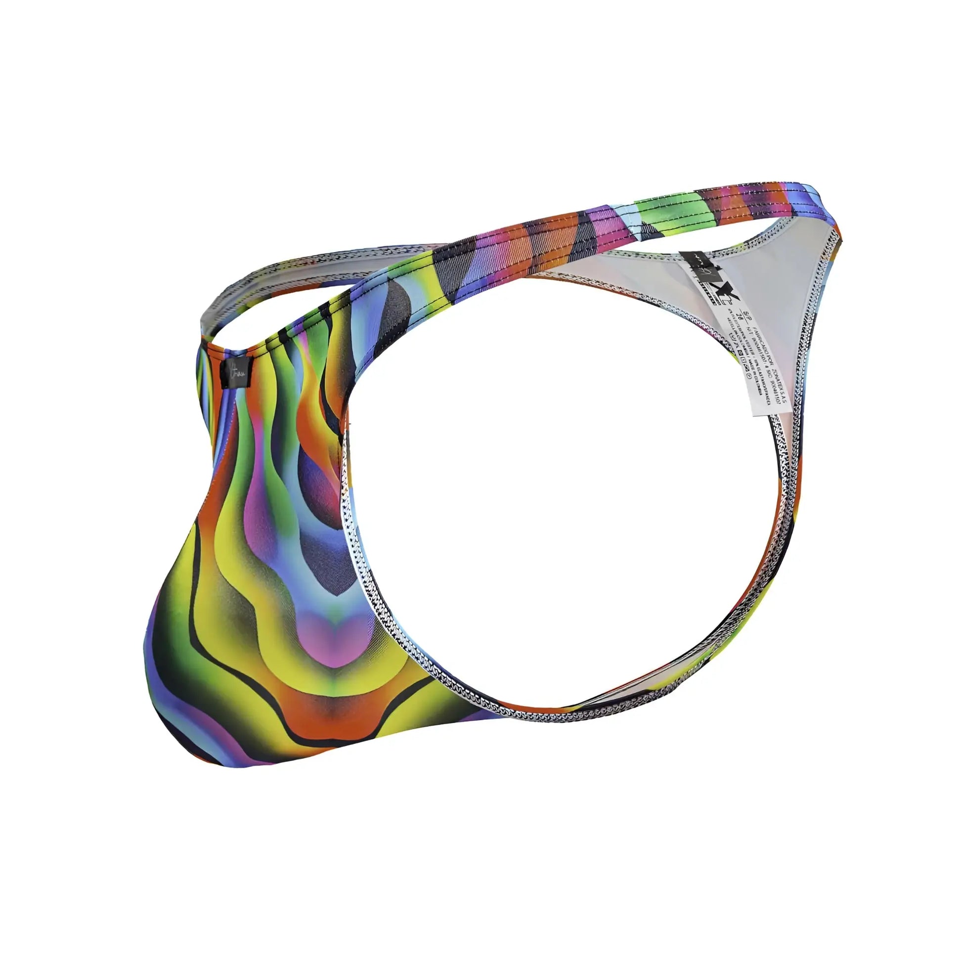 Vibrant rainbow wave-patterned men’s thong in stretchy fabric with sleek modern design from Xtremen 91247 printed thongs color waves