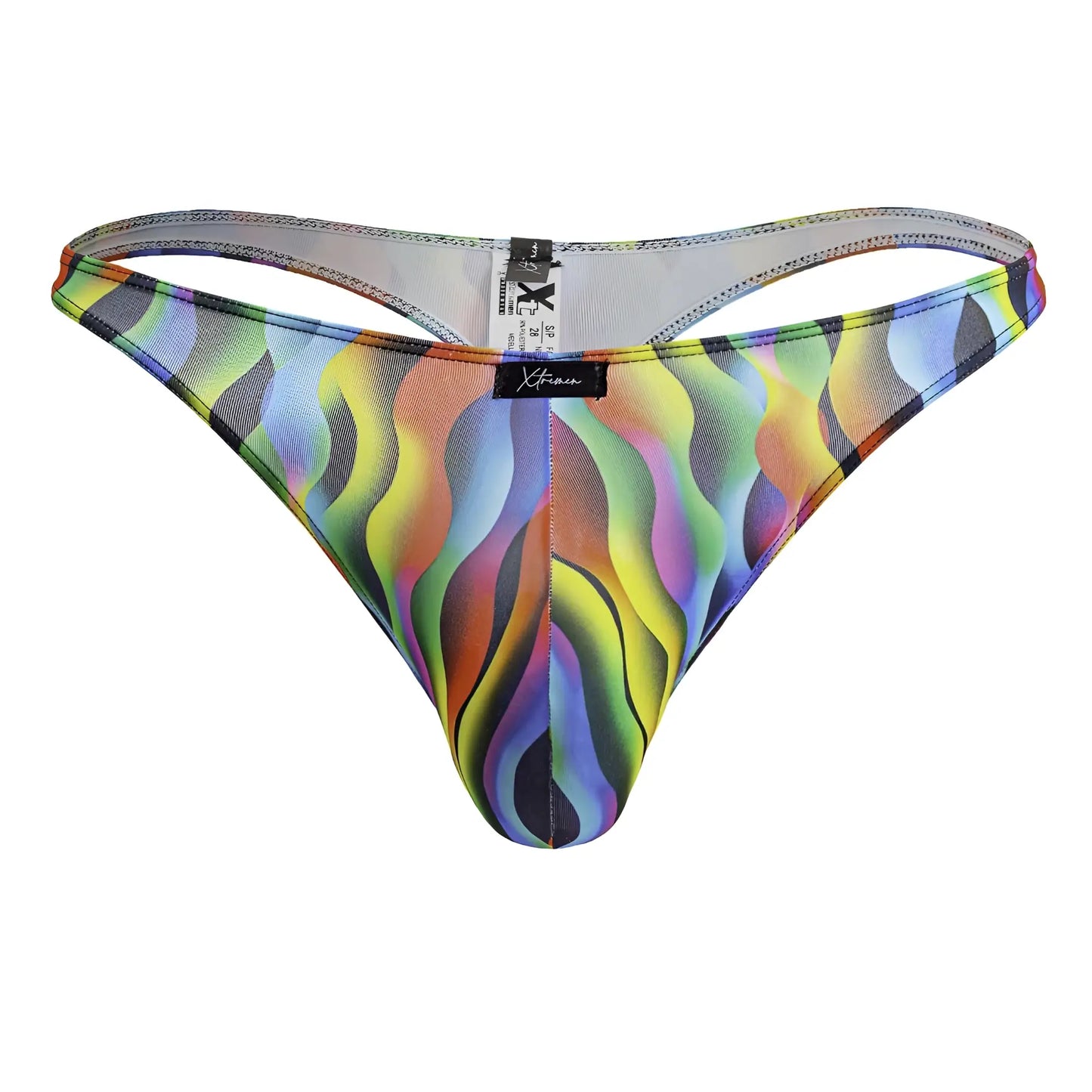 Xtremen 91247 printed thong with vibrant rainbow wave pattern in stretchy fabric and branded label visible from the back
