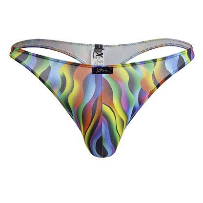 Xtremen 91247 printed thong with vibrant rainbow wave pattern in stretchy fabric and branded label visible from the back