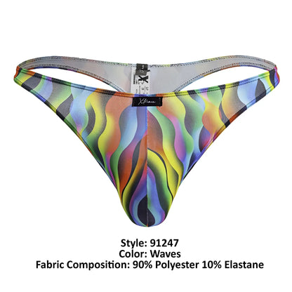 Vibrant rainbow wave-patterned Xtremen 91247 thong in stretchy polyester elastane blend with sleek branded label