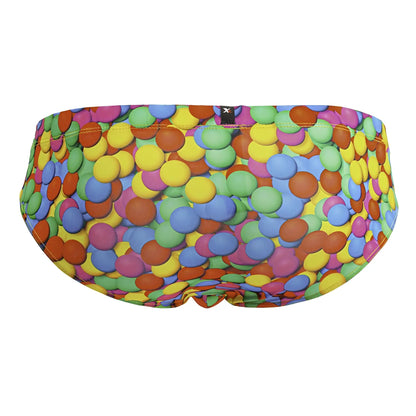 Xtremen 91248 printed briefs color bubbles with vibrant multicolored candy patterned swim trunks in yellow green blue pink orange