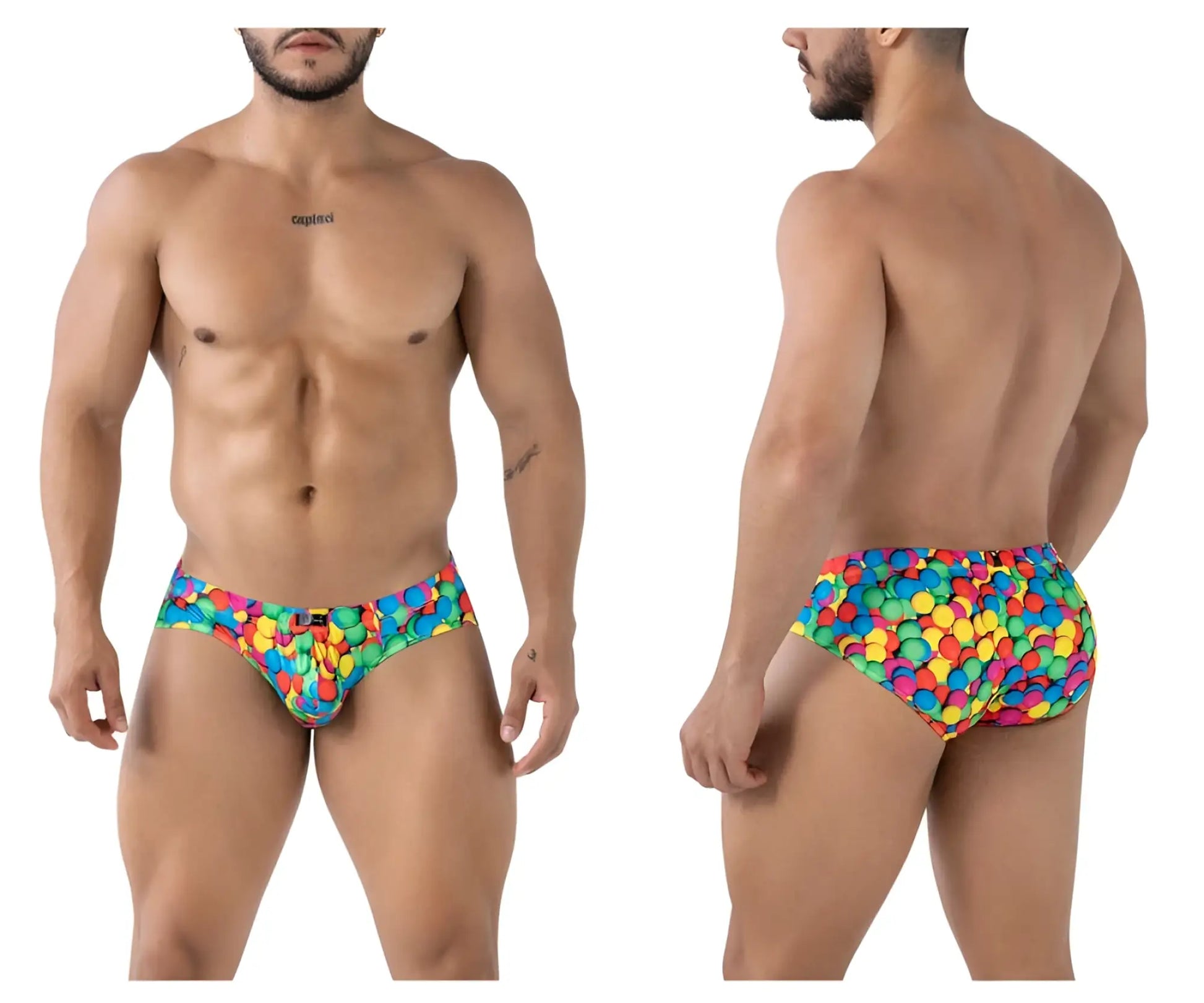 Xtremen 91248 printed briefs featuring vibrant multicolored swim trunks with playful rainbow circle pattern