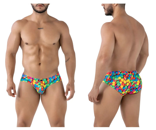 Xtremen 91248 printed briefs featuring vibrant multicolored swim trunks with playful rainbow circle pattern