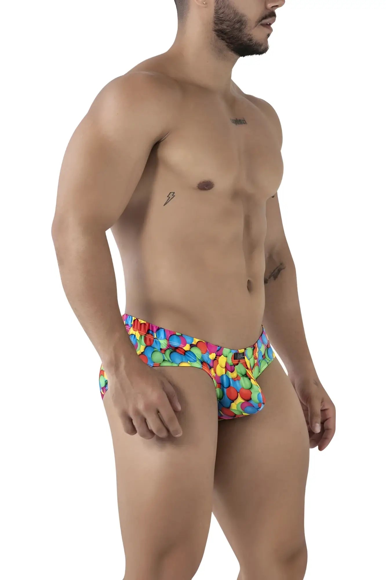Xtremen 91248 printed briefs in vibrant rainbow colors with a playful multicolored gumball pattern on swim trunks