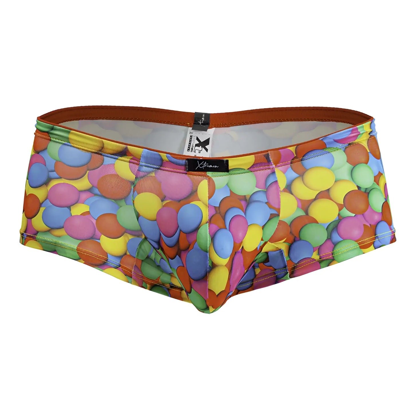 Xtremen 91249 printed trunks color bubbles colorful candy-themed men’s briefs with gumdrop pattern and orange waistband