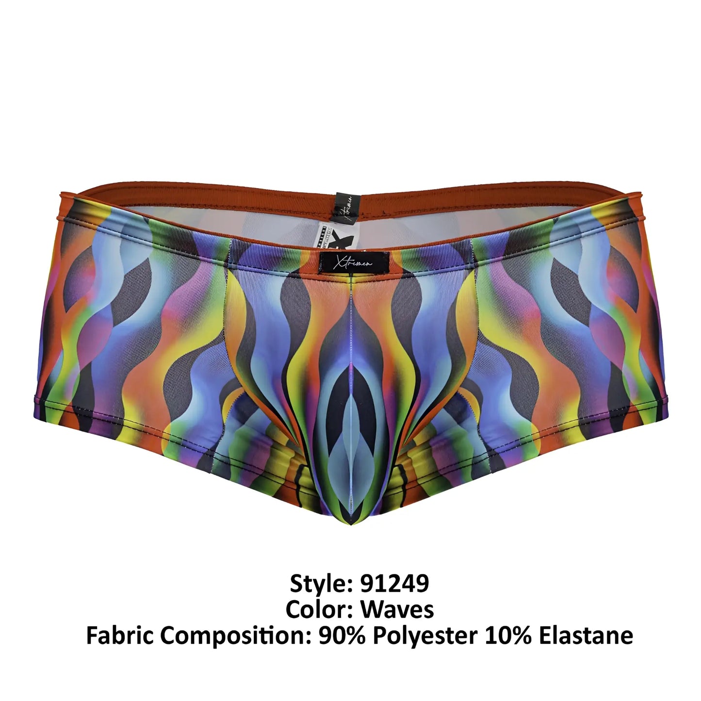 Xtremen 91249 printed trunks color waves vibrant rainbow wave patterned men’s briefs with orange waistband in polyester elastane blend