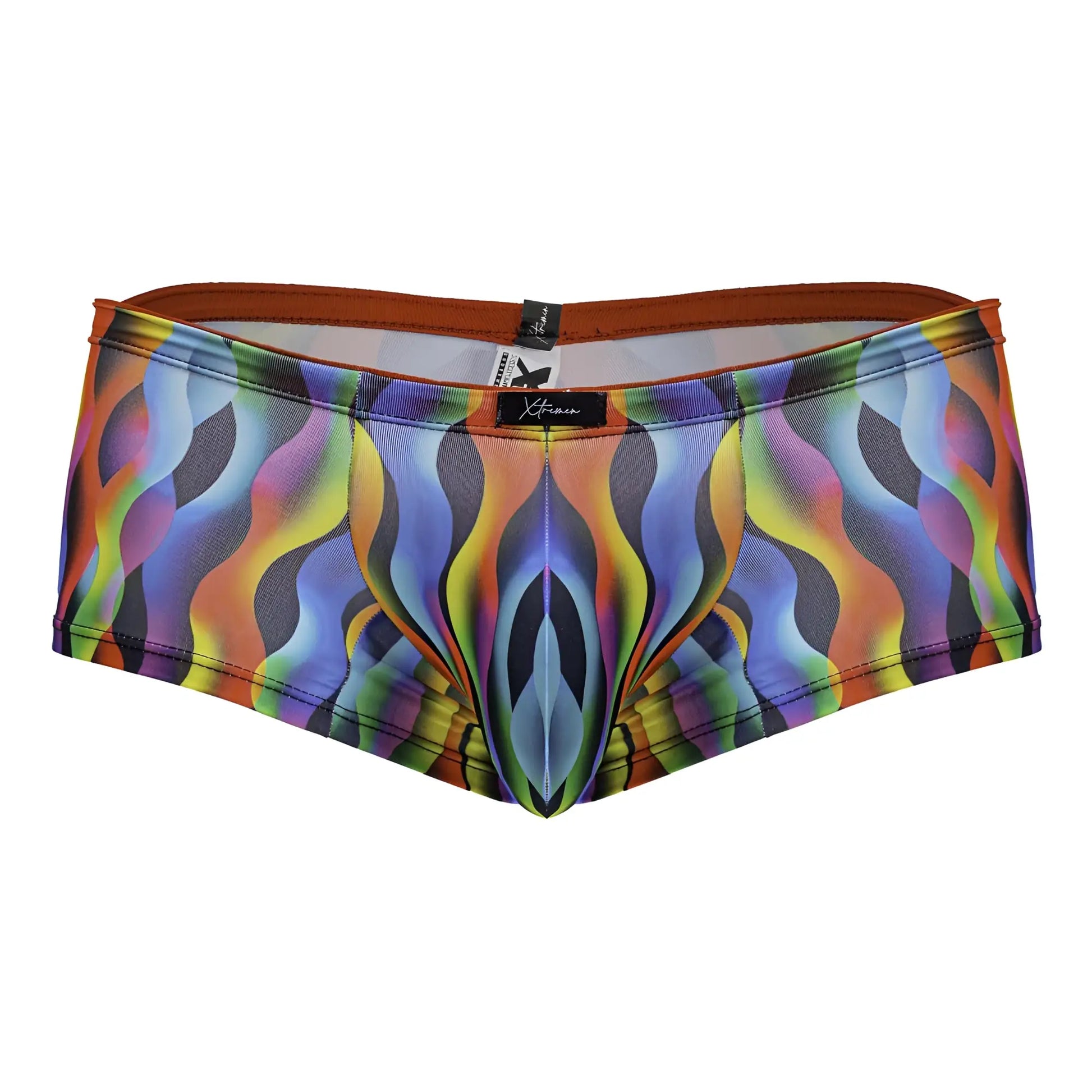 Xtremen 91249 printed trunks vibrant rainbow wave-patterned men’s briefs with brown elastic waistband