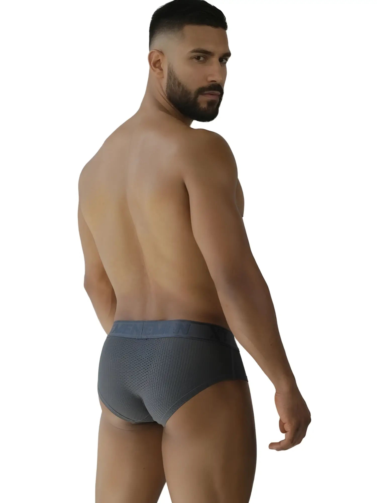 Dark gray xtremen 91250 microfiber mesh briefs with a contrasting blue waistband for comfortable wear