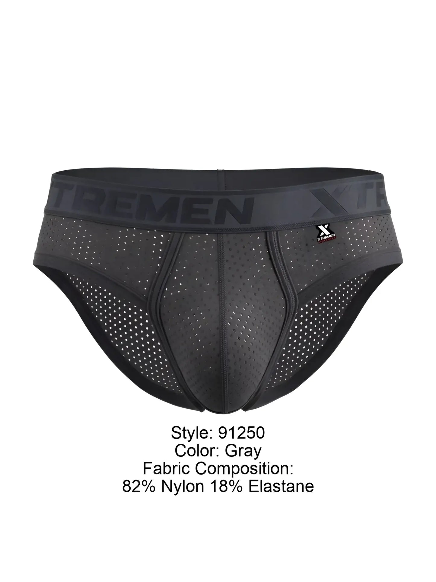 Gray xtremen 91250 microfiber mesh briefs with perforated design and black waistband featuring trememen logo
