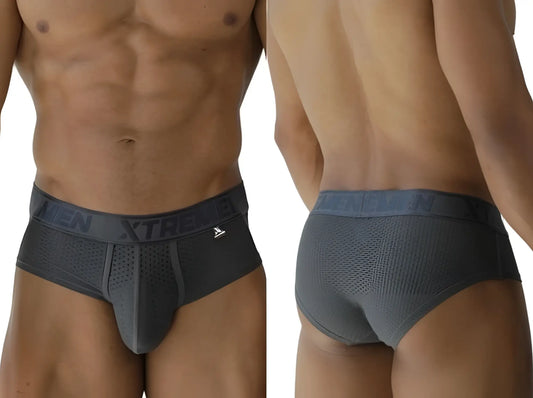 Gray xtremen 91250 microfiber mesh briefs with textured fabric and elastic waistband featuring xtreme branding