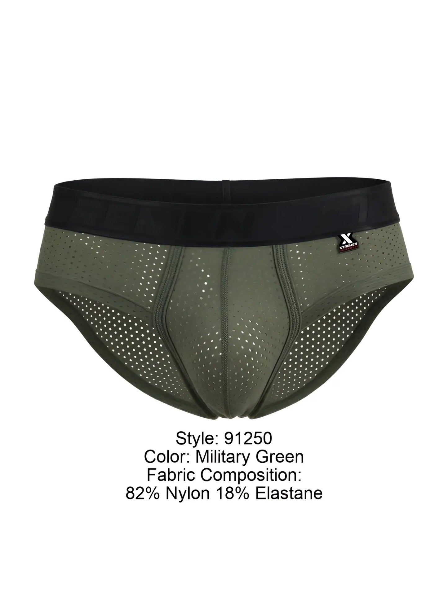 Military green Xtremen 91250 microfiber mesh athletic briefs with black elastic waistband and perforated fabric