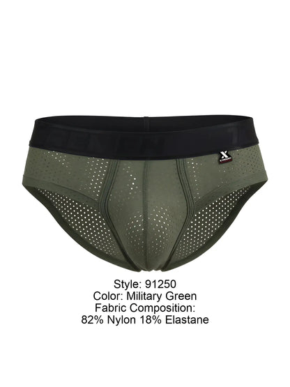 Military green Xtremen 91250 microfiber mesh athletic briefs with black elastic waistband and perforated fabric